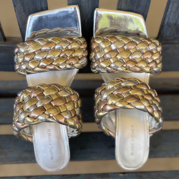 Marc Fisher Toree Women’s Braided Metallic Heeled Sandals 9.5 Silver Square Toe - Picture 2 of 10